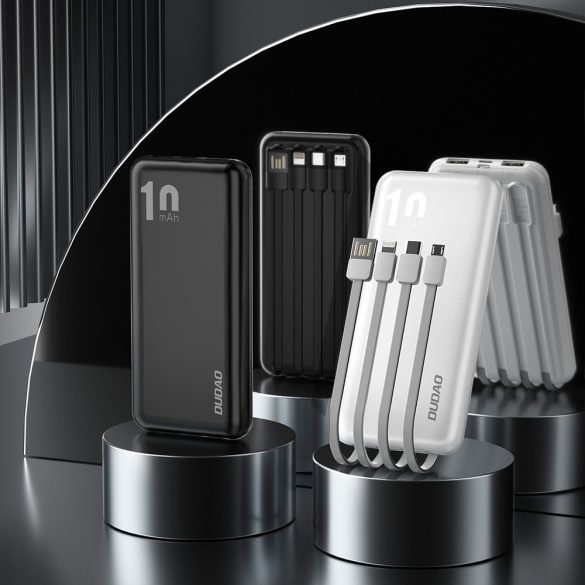 Dudao K6Pro Universal Powerbank, hordozható külső akkumulátor USB-A/USB-C, USB-A/USB-C/Micro-USB/Apple lightning kábellel, 10000 mAh, fekete