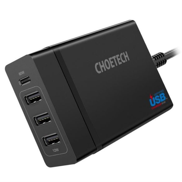 Choetech Multi-Charge PD 60W, 1xUSB-C, 3xUSB-A töltőállomás, hálózati töltő adapter, fekete