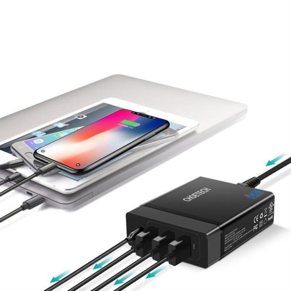 Choetech Multi-Charge PD 60W, 1xUSB-C, 3xUSB-A töltőállomás, hálózati töltő adapter, fekete