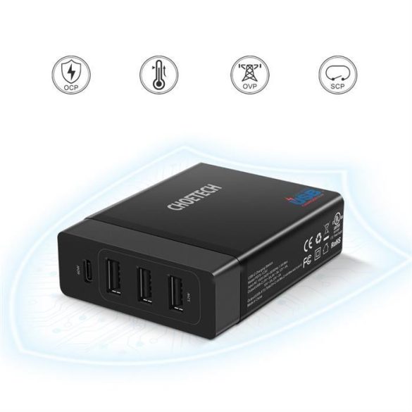 Choetech Multi-Charge PD 60W, 1xUSB-C, 3xUSB-A töltőállomás, hálózati töltő adapter, fekete