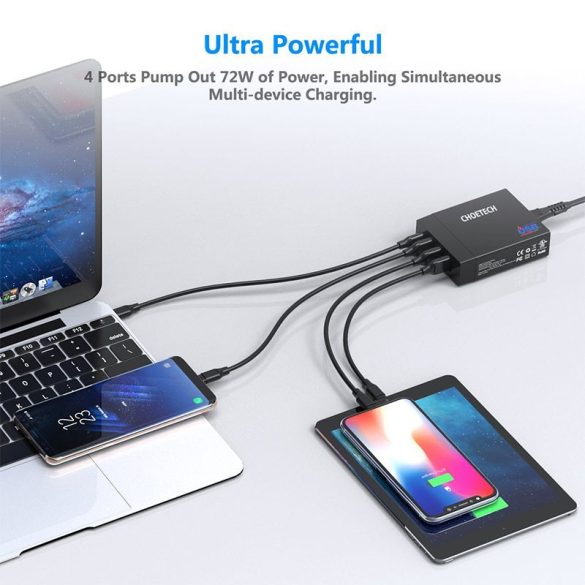 Choetech Multi-Charge PD 60W, 1xUSB-C, 3xUSB-A töltőállomás, hálózati töltő adapter, fekete