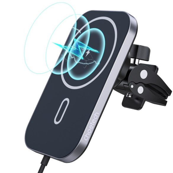 Choetech T200-F Car Magnetic Mount Inductive Qi Charger Magsafe/Qi kompatibilis vezeték nélküli töltő és tartó, szellőzőrácsra, mágneses, 15W, fekete