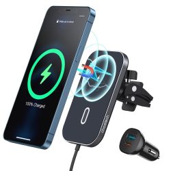   Choetech T200-F Magnetic Car Mount Qi, MagSafe kompatibilis autós tartó és töltő 15W szellőzőrácsra, +  USB-C kábel, fekete