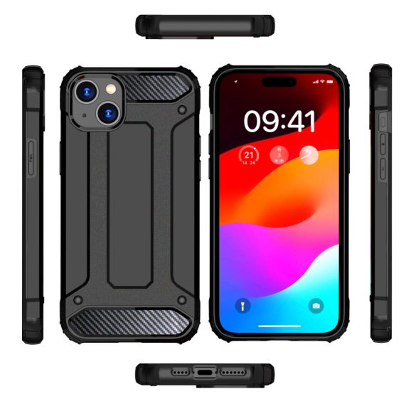 Hybrid Armor Tough Rugged iPhone 15 ütésálló hátlap, tok, fekete