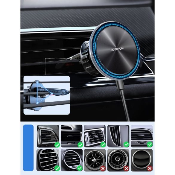 Joyroom JR-ZS290 Car Magnetic Holder Qi Wireless Induction Charger Magsafe kompatibilis vezeték nélküli töltő és tartó, szellőzőrácsra, mágneses, 15W, ezüst