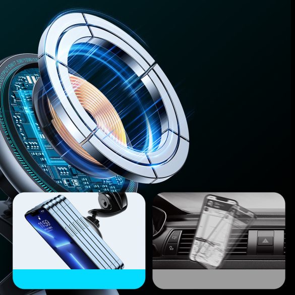 Joyroom JR-ZS290 Car Magnetic Holder Qi Wireless Induction Charger Magsafe kompatibilis vezeték nélküli töltő és tartó, műszerfalra, mágneses, 15W, ezüst