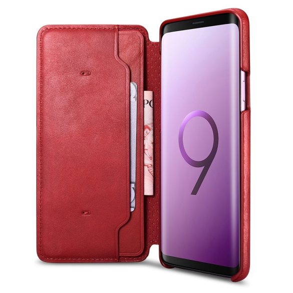 iCarer 2in1 Leather Folio Samsung Galaxy S9 Plus eredeti bőr, oldalra nyíló tok, piros