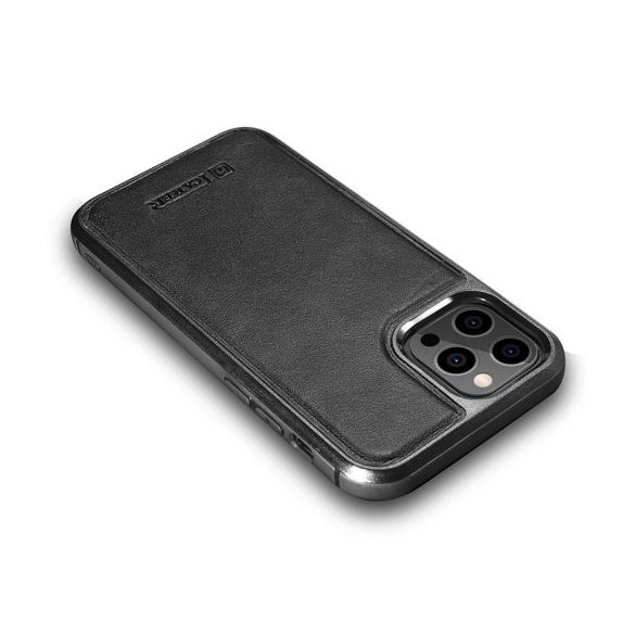 iCarer Leather Oil Wax iPhone 12/12 Pro eredeti bőr, hátlap, tok, fekete