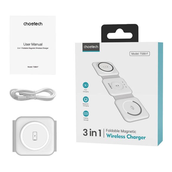Choetech T588-F 3in1 Összehajtható Magsafe kompatibilis mobiltelefon, Airpods és Apple Watch vezeték nélküli töltő USB-C/USB-C kábellel, 15W, fehér