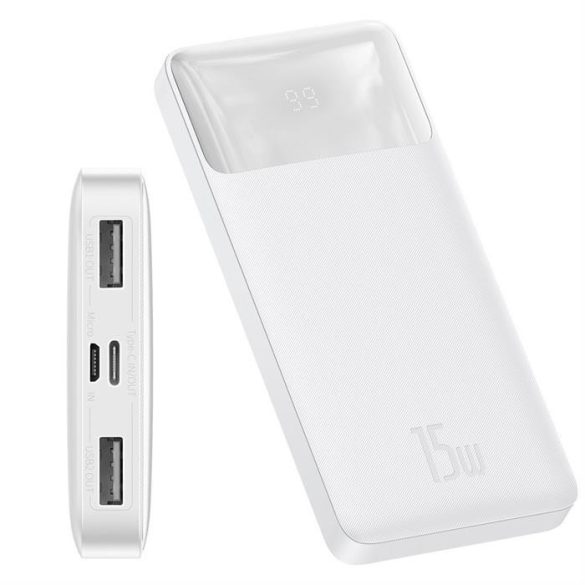 Baseus PPDML-L01 Bipow PD QC 3.0 AFC Power Bank, hordozható külső akkumulátor 2xUSB/USB-C/micro USB, 10000 mAh, 15W, fehér