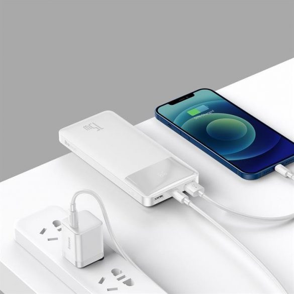 Baseus PPDML-L01 Bipow PD QC 3.0 AFC Power Bank, hordozható külső akkumulátor 2xUSB/USB-C/micro USB, 10000 mAh, 15W, fehér