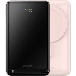   Baseus PPCX000004 Magnetic Bracket Power Bank and Wireless Charger, 10000 mAh, 20W hordozható külső akkumulátor és vezeték nélküli Qi és Magsafe töltő, USB-C/USB-C kábellel, rózsaszín