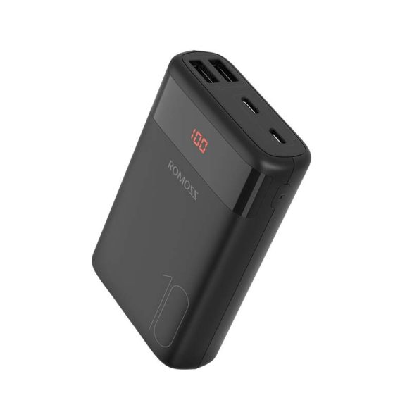 Romoss Ares 10 Powerbank, hordozható külső akkumulátor 2xUSB-A/USB-C/Micro-USB, LED kijelzővel, 10000 mAh, fekete