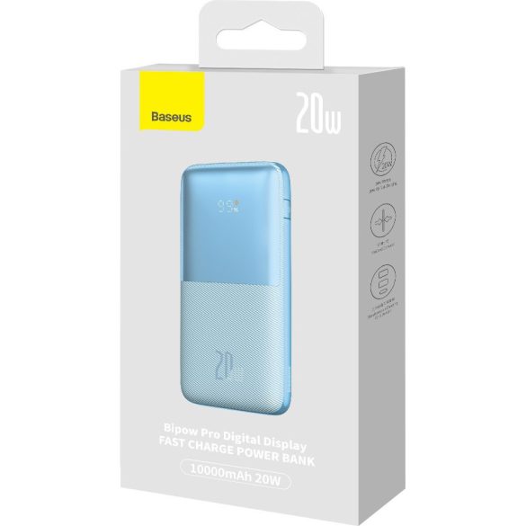 Baseus PPBD040203 Bipow Pro Power Bank, hordozható külső akkumulátor 2xUSB-A/USB-C kábellel, 10000 mAh, 20W, világoskék