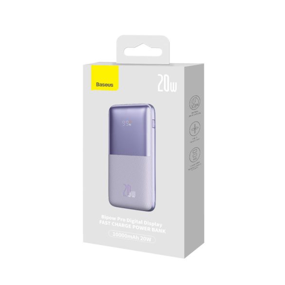 Baseus PPBD040205 Bipow Pro Power Bank, hordozható külső akkumulátor 2xUSB-A/USB-C kábellel, 10000 mAh, 20W, lila