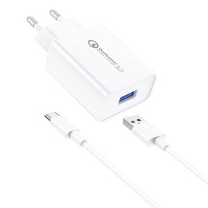 Foneng EU13 QC3.0, USB-A hálózati töltő adapter USB-C kábellel, gyorstöltő, 3A, fehér