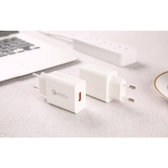 Foneng EU13 QC3.0, USB-A hálózati töltő adapter USB-C kábellel, gyorstöltő, 3A, fehér