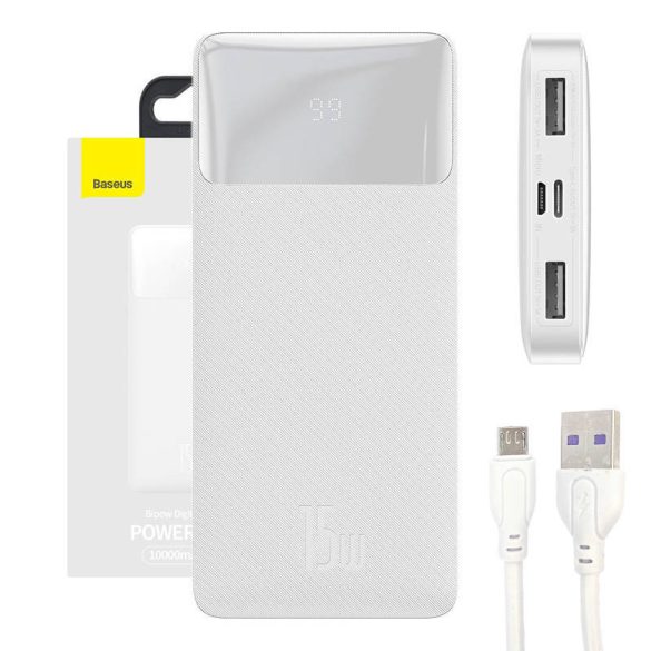 Baseus Bipow Powerbank, hordozható külső akkumulátor 2xUSB-A/USB-C/Micro-USB, LED kijelzővel, 10000 mAh, 15W, fehér