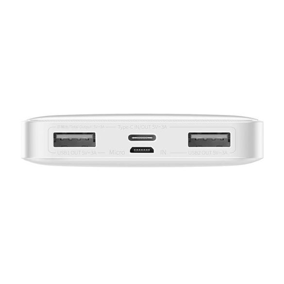 Baseus Bipow Powerbank, hordozható külső akkumulátor 2xUSB-A/USB-C/Micro-USB, LED kijelzővel, 10000 mAh, 15W, fehér