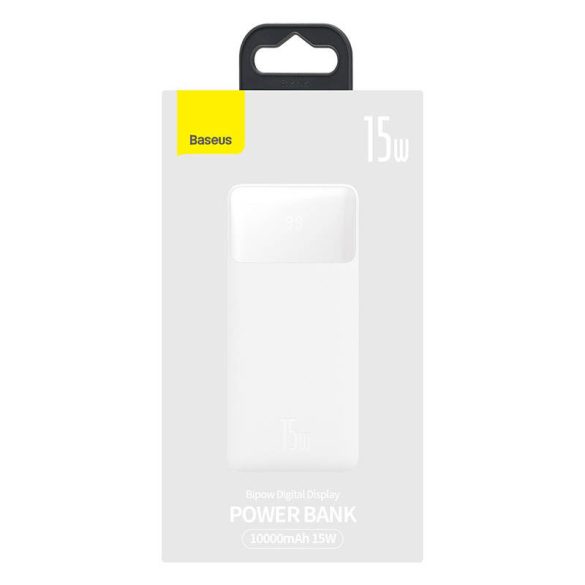 Baseus Bipow Powerbank, hordozható külső akkumulátor 2xUSB-A/USB-C/Micro-USB, LED kijelzővel, 10000 mAh, 15W, fehér