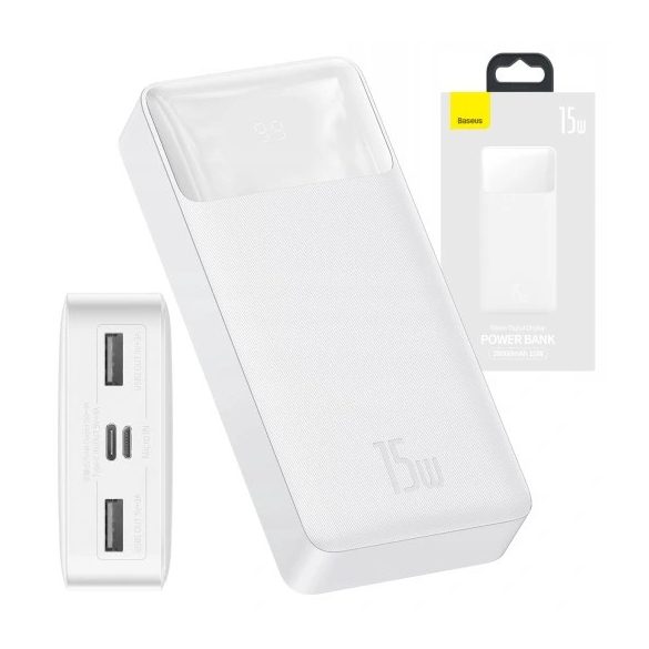 Baseus PPBD050102 Bipow PD Power Bank, hordozható külső akkumulátor 2xUSB/USB-C/micro USB, 20000 mAh, 15W, fehér