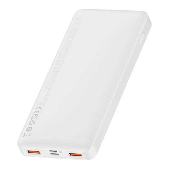 Baseus Bipow Powerbank, hordozható külső akkumulátor 2xUSB-A/USB-C/Micro-USB, LED kijelzővel, 10000 mAh, 20W, fehér
