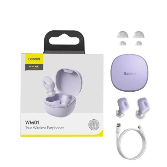 Baseus Encok WM01 Bluetooth 5.0 Earphone, Headset, vezeték nélküli töltés funkcióval, lila