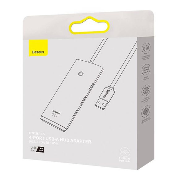 Baseus OS-Lite 4-Port Hub 4xUSB-A 3.0 elosztó, USB-A kábellel, 25cm, fekete