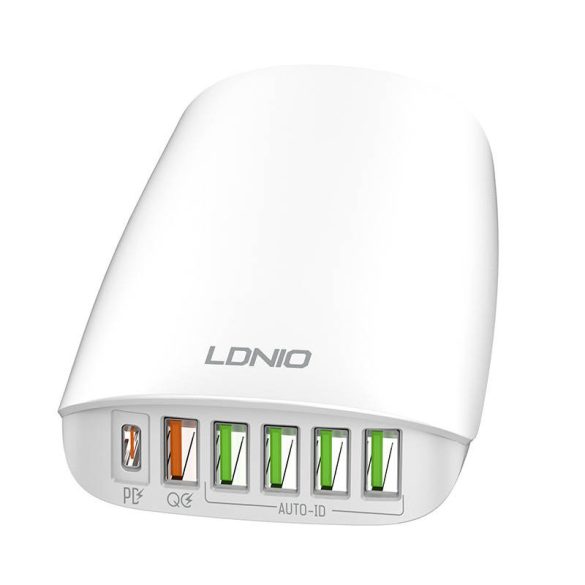 Ldnio A6573C Super Fast Charger 5xUSB-A, 1xUSB-C töltőállomás, hálózati töltő adapter, 65W, fehér 