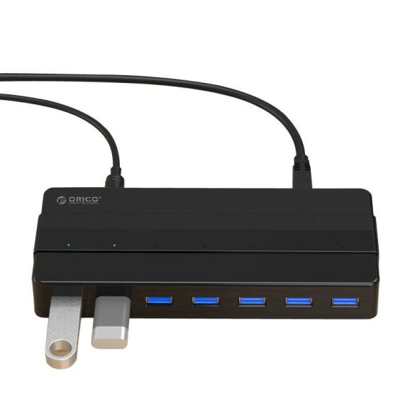 Orico 7in1 Hub 7xUSB-A 3.0 elosztó, 1m USB 3.0 kábellel, 12V hálózati töltővel, fekete