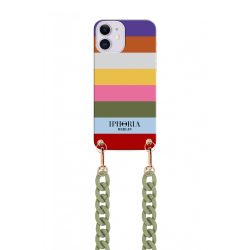   Iphoria iPhone 12 Pro Max Colurful Stripes with Green Chain nyakba akasztós hátlap, tok, mintás, színes