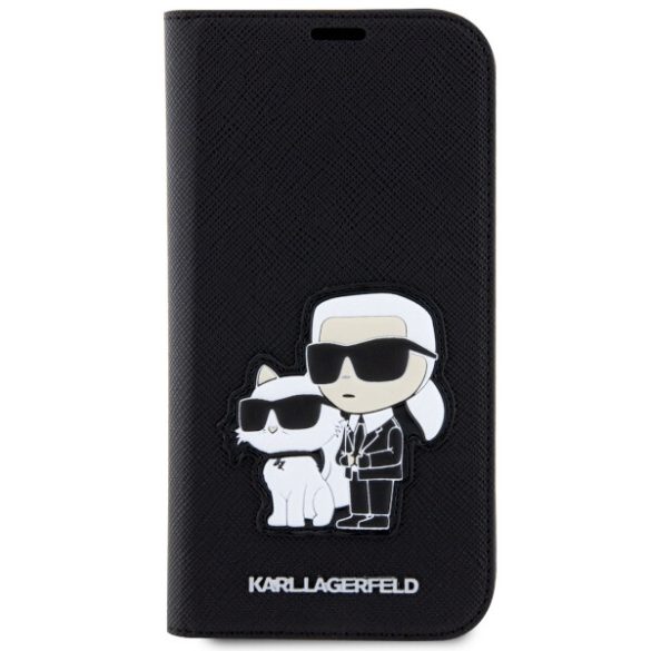 Karl Lagerfeld iPhone 14 Pro Saffiano Karl & Choupette (KLBKP14LSANKCPK) oldalra nyíló tok, fekete