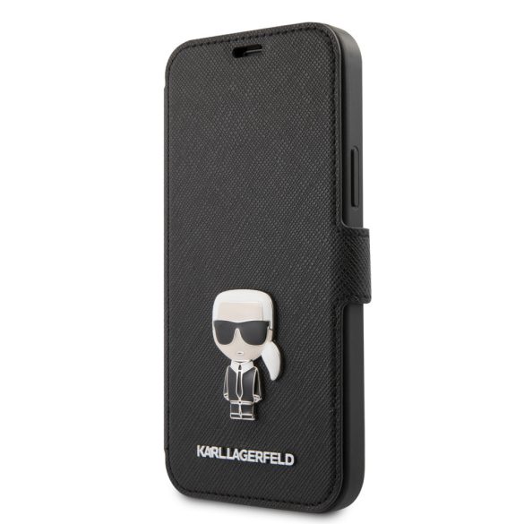 Karl Lagerfeld iPhone 12/12 Pro Saffiano Ikonik Metal (KLFLBKP12MIKMSBK) oldalra nyíló tok, fekete