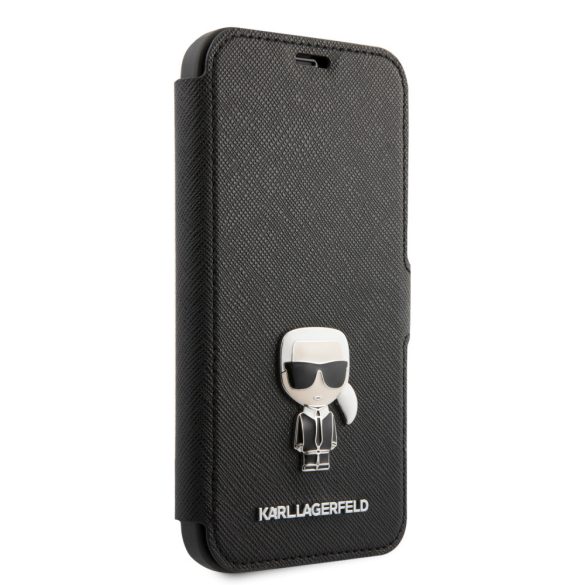 Karl Lagerfeld iPhone 12/12 Pro Saffiano Ikonik Metal (KLFLBKP12MIKMSBK) oldalra nyíló tok, fekete