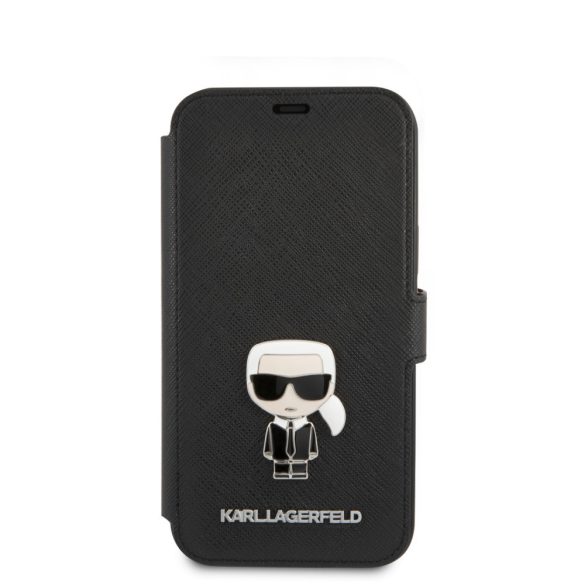 Karl Lagerfeld iPhone 12 Mini 5,4" Saffiano Ikonik Metal (KLFLBKP12SIKMSBK) oldalra nyíló tok, fekete