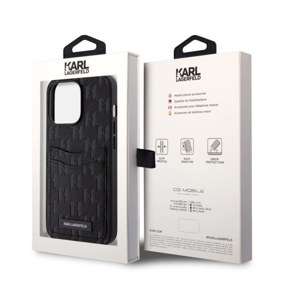 Karl Lagerfeld iPhone 13 Pro Saffiano Monogram Card Slot (KLHCP13LSAKLHPPK) kártyatartós hátlap, tok, fekete