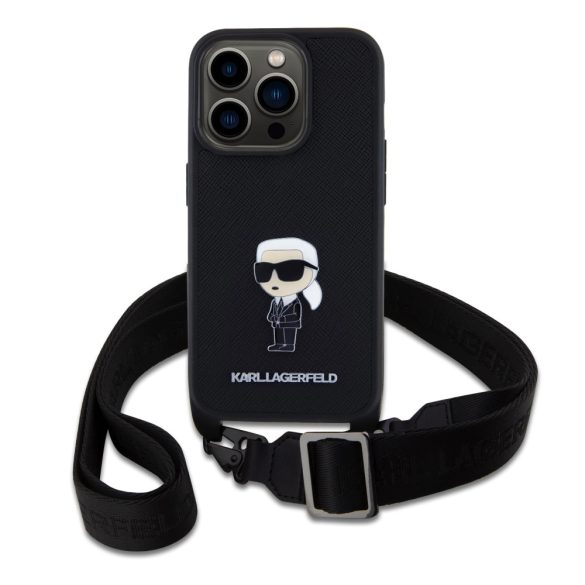 Karl Lagerfeld Saffiano Crossbody Metal Ikonik Case iPhone 15 Pro (KLHCP15LSASKNPBK) hátlap, tok, fekete