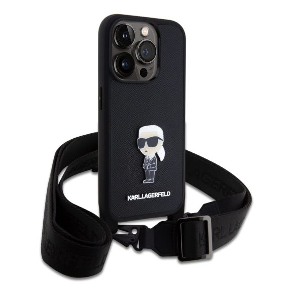 Karl Lagerfeld Saffiano Crossbody Metal Ikonik Case iPhone 15 Pro (KLHCP15LSASKNPBK) hátlap, tok, fekete