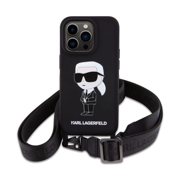 Karl Lagerfeld Liquid Silicone Crossbody Ikonik Case iPhone 15 Pro (KLHCP15LSCBSKNK) hátlap, tok, fekete