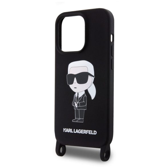 Karl Lagerfeld Liquid Silicone Crossbody Ikonik Case iPhone 15 Pro (KLHCP15LSCBSKNK) hátlap, tok, fekete