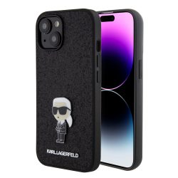   Karl Lagerfeld Fixed Glitter Metal Ikonik Case iPhone 15 (KLHCP15SGKNPSK) hátlap, tok, fekete