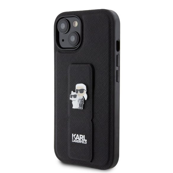 Karl Lagerfeld Saffiano Grip Stand Metal Logo Case iPhone 15 (KLHCP15SGSAKCPK) hátlap, tok, fekete