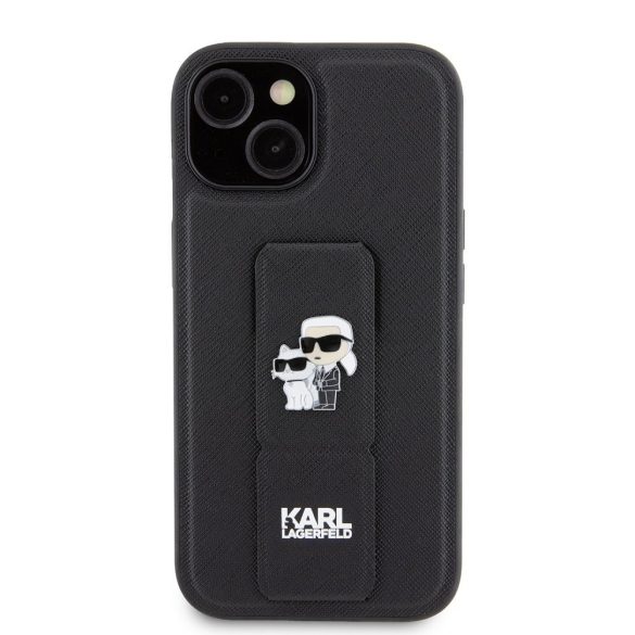 Karl Lagerfeld Saffiano Grip Stand Metal Logo Case iPhone 15 (KLHCP15SGSAKCPK) hátlap, tok, fekete