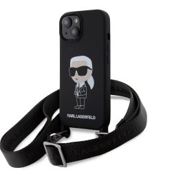   Karl Lagerfeld Liquid Silicone Crossbody Ikonik Case iPhone 15 (KLHCP15SSCBSKNK) hátlap, tok, fekete