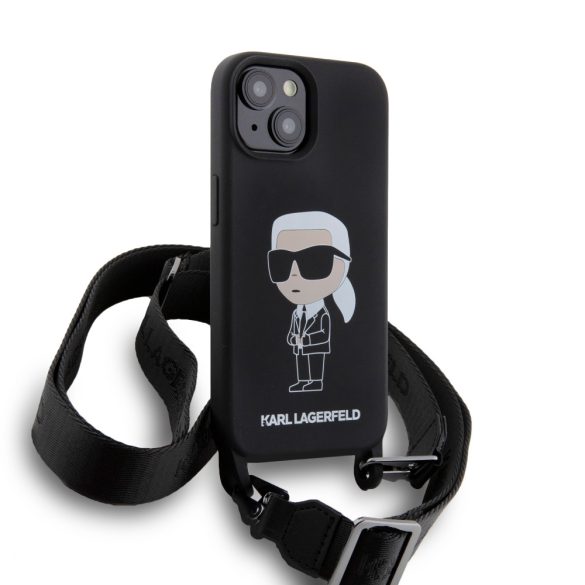 Karl Lagerfeld Liquid Silicone Crossbody Ikonik Case iPhone 15 (KLHCP15SSCBSKNK) hátlap, tok, fekete
