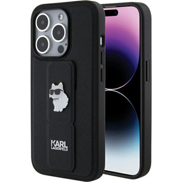 Karl Lagerfeld iPhone 15 Pro Max Gripstand Saffiano Choupette Pins (KLHCP15XGSACHPK) hátlap, tok, fekete