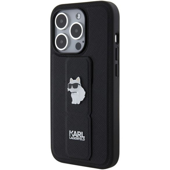 Karl Lagerfeld iPhone 15 Pro Max Gripstand Saffiano Choupette Pins (KLHCP15XGSACHPK) hátlap, tok, fekete