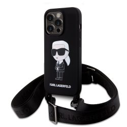   Karl Lagerfeld Liquid Silicone Crossbody Ikonik Case iPhone 15 Pro Max (KLHCP15XSCBSKNK) hátlap, tok, fekete