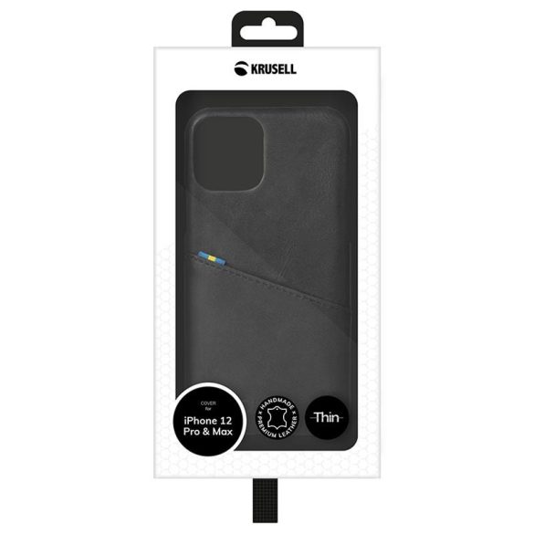 Krusell Leather CardCover iPhone 12/12 Pro eredeti bőr, kártyatartós hátlap, tok, fekete