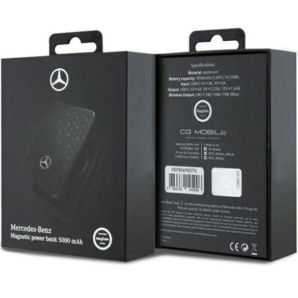 Mercedes Powerbank (MEPB5KMESTK) MagSafe kompatibilis  hordozható külső akkumulátor és vezeték nélküli töltő, 5000 mAh, 15W, fekete